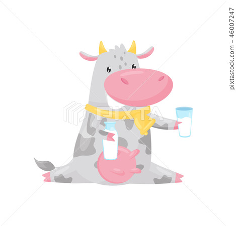 Lovely spotted cow sitting and holding bottle and glass of milk, funny farm animal cartoon character Lovely spotted cow sitting and holding bottle and glass of milk, funny farm animal cartoon character 46007247