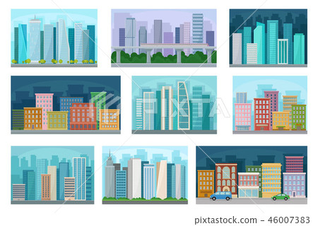 Cityscape with residential and public buildings, skyscrapers at night and day time, urban panorama 46007383