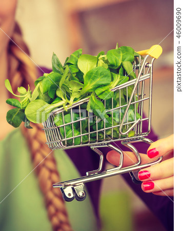 Woman holding shopping cart with basil inside Woman holding shopping cart with basil inside 46009690