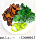 Fried meat on white plate, roast meat with green  46009998