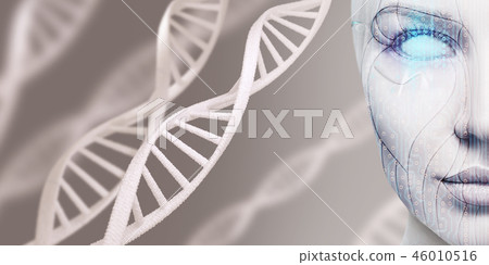 Beautiful cyborg female face among DNA stems. Beautiful cyborg female face among DNA stems. 46010516