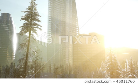 sity and forest in snow at sunrise sity and forest in snow at sunrise 46011760