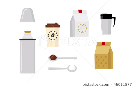 Flat vecrtor set of icons related to coffee theme. Packages with coffee beans, spoons, plastic cup 46011877
