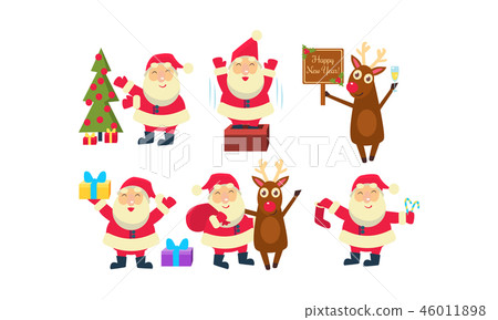 Flat vectoe set of Santa Claus in different actions. Funny reindeer, green fir tree and Christmas 46011898