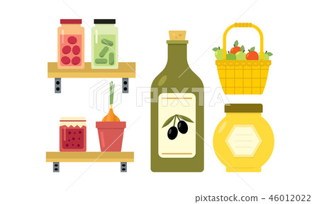 Flat vector design of basket with apples, pickled cucumbers and tomatoes, jar of jam and honey 46012022