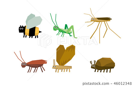 Geometric insects set, bee, grasshopper, mosquito, ant, bug vector Illustration on a white Geometric insects set, bee, grasshopper, mosquito, ant, bug vector Illustration on a white 46012348
