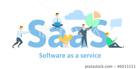 SaaS, software as a service. Cloud software on computers, mobile devices, codes, app server and 46013151