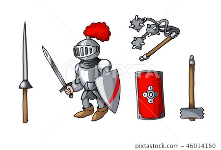 Hand drawn sticker knights colored doodle weapons set isolated on white 46014160