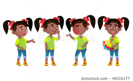 Girl Kindergarten Kid Emotions Set Vector. Black. Afro American. Preschool, Childhood. For Postcard Girl Kindergarten Kid Emotions Set Vector. Black. Afro American. Preschool, Childhood. For Postcard 46016177