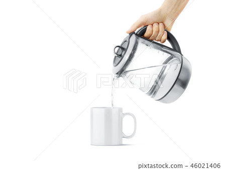 Blank white ceramic mug with hot teapot mock up, isolated Blank white ceramic mug with hot teapot mock up, isolated 46021406