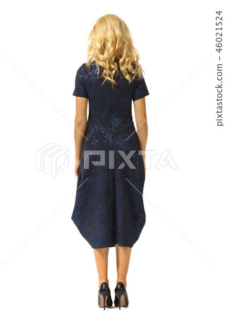 blond business woman executive posing in formal sleeveless blue laces dress blond business woman executive posing in formal sleeveless blue laces dress 46021524