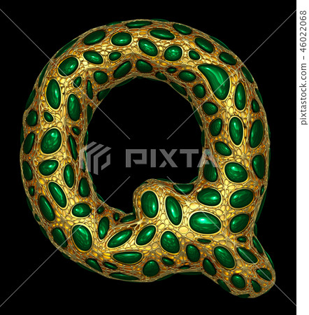 Golden shining metallic 3D with green glass symbol capital letter Q - uppercase isolated on black. 46022068