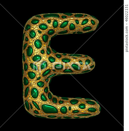 Golden shining metallic 3D with green glass symbol capital letter E - uppercase isolated on black. 46022131