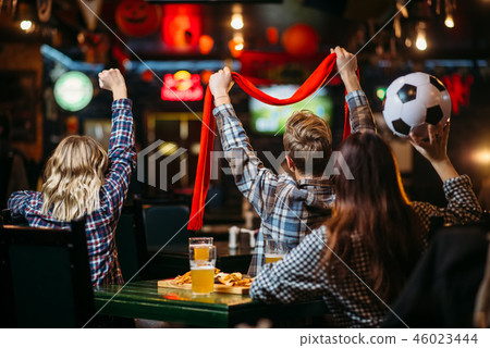 Group of football fans watching match in sport bar Group of football fans watching match in sport bar 46023444