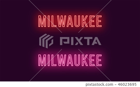 Neon name of Milwaukee city in USA. Vector text Neon name of Milwaukee city in USA. Vector text 46023695