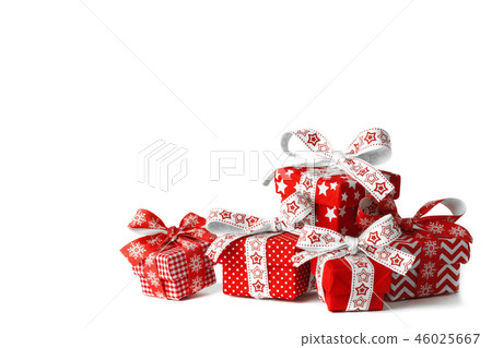 Five christmas gift boxes on white background Five christmas gift boxes on white background 46025667