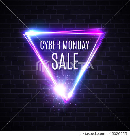 Triangle design for banner flyer sign label. Cyber monday text inscription in neon style on dark 46026955