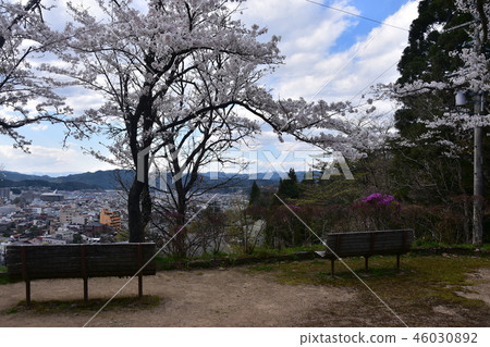 日本岐阜縣高山市春天高山市高山市區從城山公園看到的私人住宅和酒店以及盛開的櫻花盛開 日本岐阜縣高山市春天高山市高山市區從城山公園看到的私人住宅和酒店以及盛開的櫻花盛開 46030892