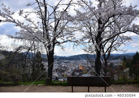 日本岐阜縣高山市春天高山市高山市區從城山公園看到的私人住宅和酒店以及盛開的櫻花盛開 日本岐阜縣高山市春天高山市高山市區從城山公園看到的私人住宅和酒店以及盛開的櫻花盛開 46030894