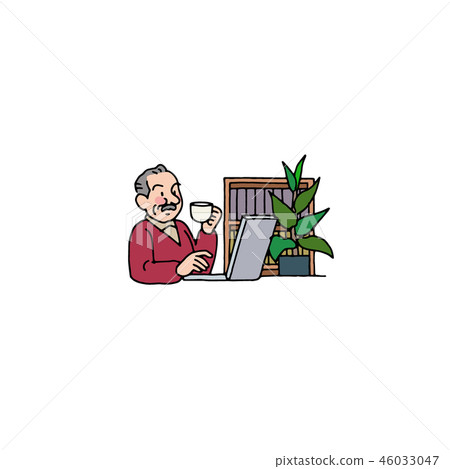 Dad working on a PC while drinking coffee 46033047