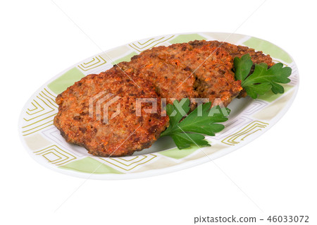 fried liver cutlets or pancakes on a plate isolated white background fried liver cutlets or pancakes on a plate isolated white background 46033072