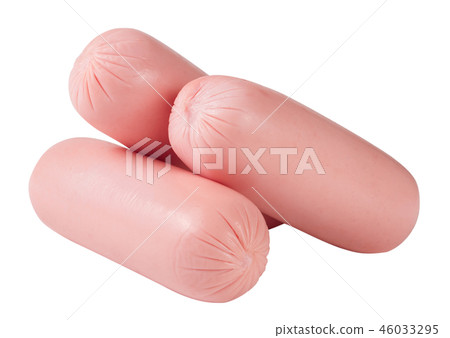 three sausages isolated on white background closeup three sausages isolated on white background closeup 46033295
