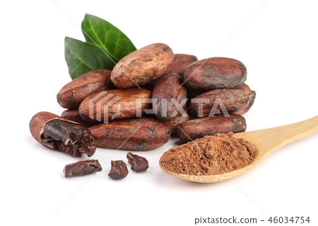 unpeeled cocoa bean with leaf and cocoa powder in wooden spoon isolated on white background 46034754