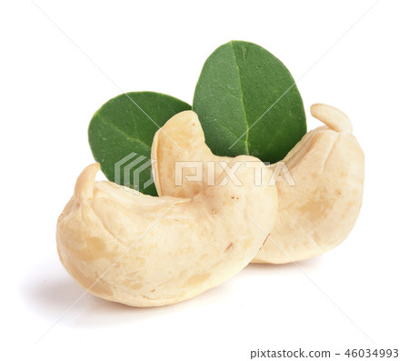 cashew nuts with leaf isolated on white background. macro cashew nuts with leaf isolated on white background. macro 46034993