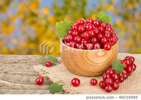Red currant berries in wooden bowl on wooden table with blurry garden background Red currant berries in wooden bowl on wooden table with blurry garden background 46034998
