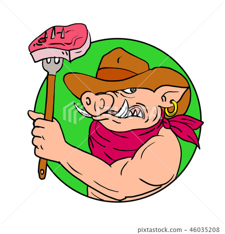 Cowboy Hog Holding Barbecue Steak Drawing Color Cowboy Hog Holding Barbecue Steak Drawing Color 46035208