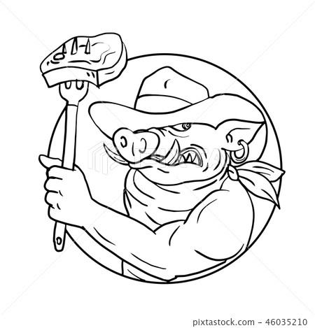 Cowboy Wild Pig Holding Barbecue Steak Drawing Cowboy Wild Pig Holding Barbecue Steak Drawing 46035210