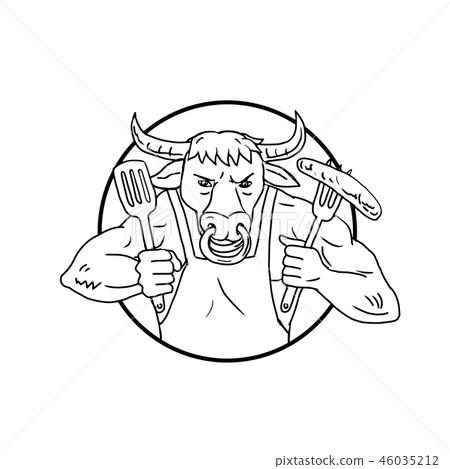 Longhorn Bull Holding Barbecue Sausage Drawing Longhorn Bull Holding Barbecue Sausage Drawing 46035212