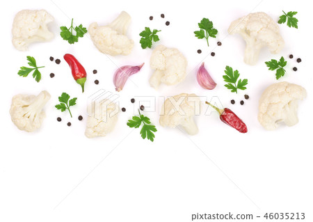 Piece of cauliflower with parsley garlic and peppercorns isolated on white background with copy Piece of cauliflower with parsley garlic and peppercorns isolated on white background with copy 46035213