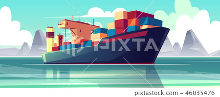 Vector dry-cargo ship at sea, loaded boat 46035476