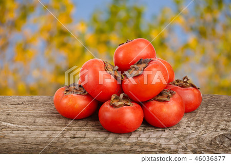 Persimmon fruit on wooden table with blurred garden background Persimmon fruit on wooden table with blurred garden background 46036877