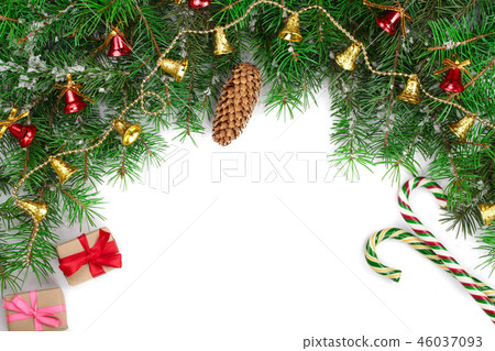 Christmas background decorated isolated on white with copy space for your text. Top view. 46037093