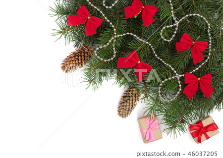 Christmas background with balls and decorations isolated on white with copy space for your text. Top Christmas background with balls and decorations isolated on white with copy space for your text. Top 46037205
