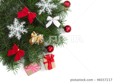 Christmas background with balls and decorations isolated on white with copy space for your text. Top 46037217