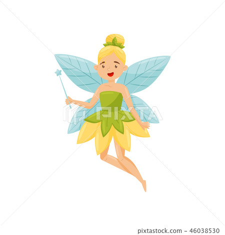 Cute beautiful little winged fairy in green dress, mythical fairy tale creature vector Illustration 46038530