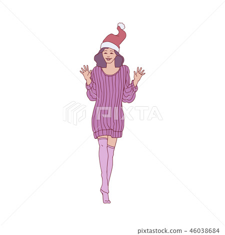 Vector flat sketch tenn woman in santa hat dancing Vector flat sketch tenn woman in santa hat dancing 46038684