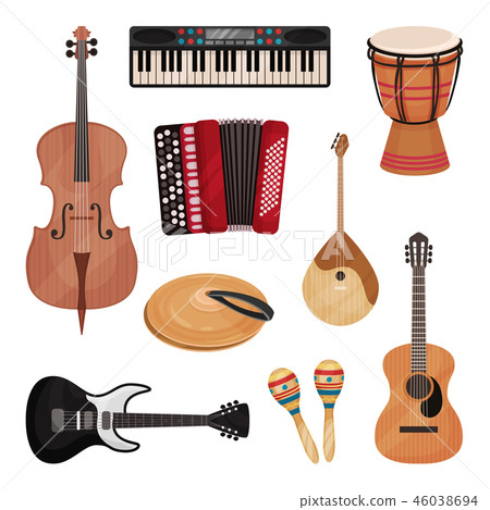 Musical instruments set, cello, violin, drum, cymbals, dombra, maracas, guitars, accordion vector Musical instruments set, cello, violin, drum, cymbals, dombra, maracas, guitars, accordion vector 46038694