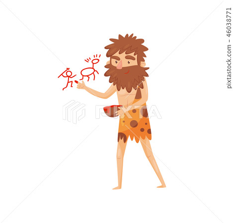 Stone age prehistoric man drawin on a rock wall, primitive cavemen cartoon character vector Stone age prehistoric man drawin on a rock wall, primitive cavemen cartoon character vector 46038771