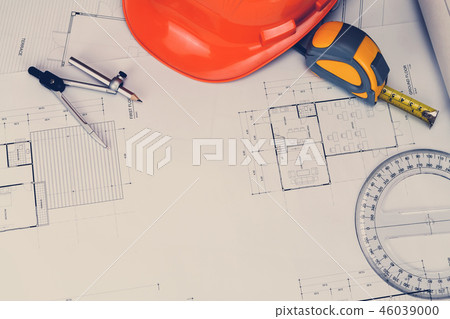 Helmet and measurement tool on blueprint 46039000