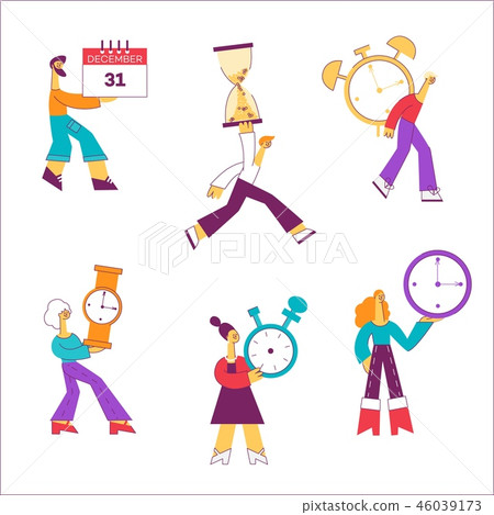 Vector flat people holding watche clock time sign 46039173