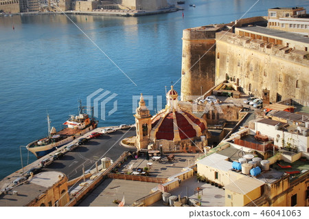 Roof of church of Our Lady of Liesse in Valletta, Malta. Panoramic skyline view of ancient defences 46041063