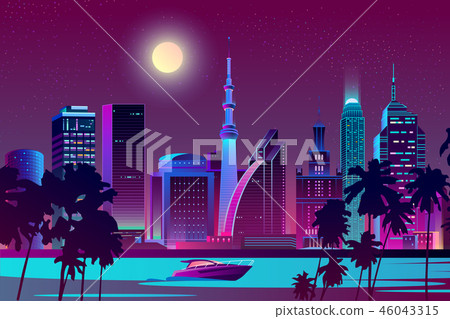 Vector night city on river, tropical megapolis 46043315