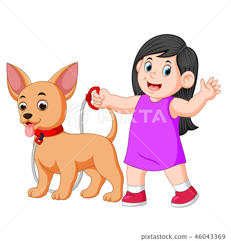 happy girl walking with her dog happy girl walking with her dog 46043369