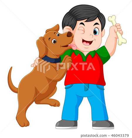 A boy holding bone with his dog 46043379