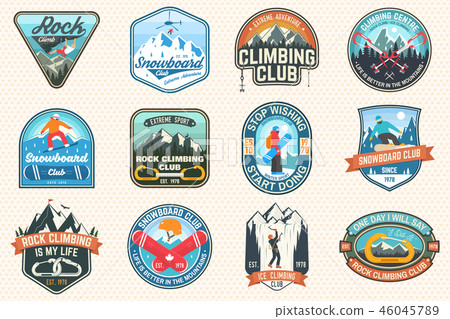 Set of Snowboarding and Rock Climbing club patches. Vector. Concept for patch, shirt, print, stamp 46045789
