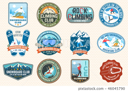 Set of Snowboarding and Rock Climbing club patches. Vector. Concept for patch, shirt, print, stamp Set of Snowboarding and Rock Climbing club patches. Vector. Concept for patch, shirt, print, stamp 46045790